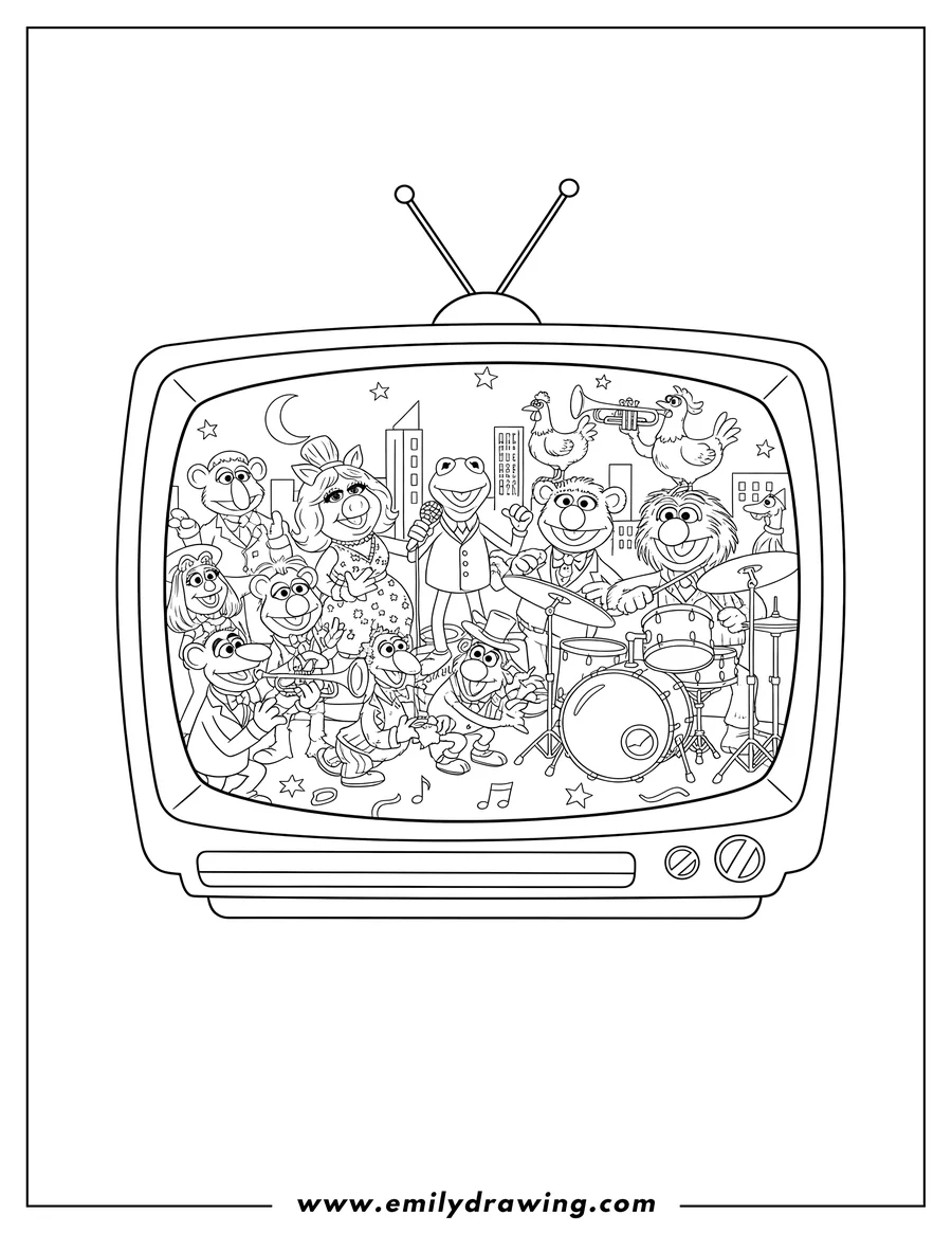 Free printable coloring sheet of muppets Tv Shows, with many Muppets singing and performing together