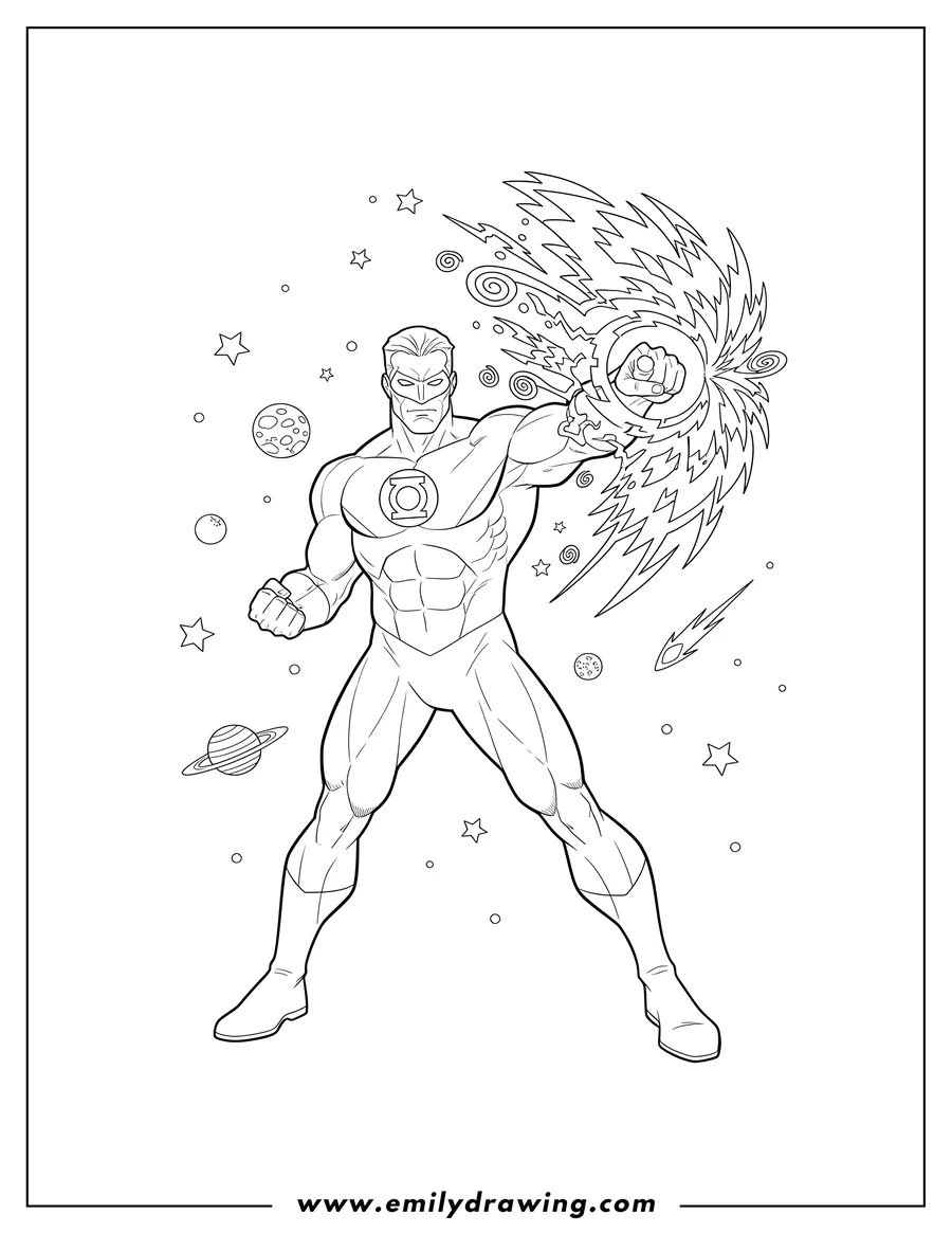 Downloadable coloring page of muscular Green Lantern creating an energy blast with his power ring