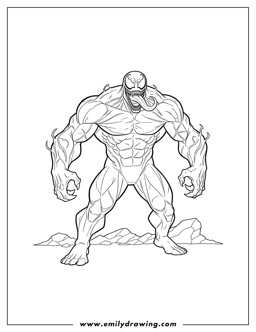 Free to print drawing of muscular Looking Venom Character To Color, with a long tongue and sharp teeth