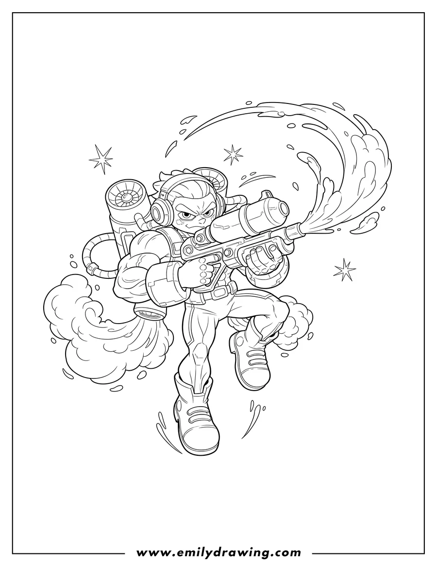 Printable coloring page of muscular Splatoon Guy with headphones, jumping and shooting an inkjet