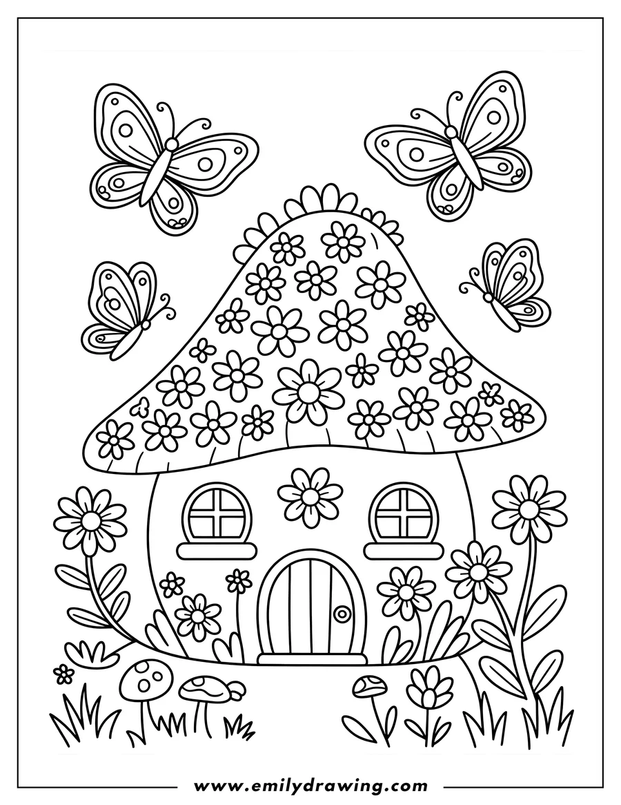 Black and white line art of mushroom House