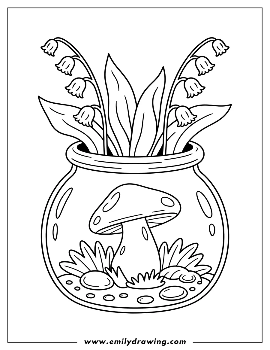 Line art of a mushroom and lily of the valley flowers in a round glass terrarium, with pebbles and grass inside.