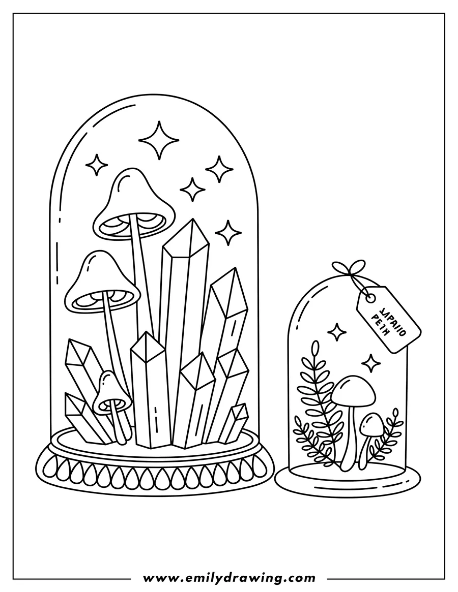 Outline of two terrariums, one larger with tall mushrooms and multiple faceted crystals, and a smaller one with two small mushrooms, leafy branches, and a decorative tag. Stars float within both terrariums.