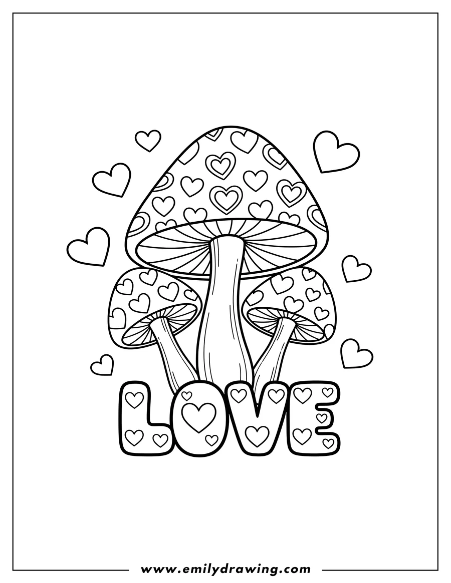 Downloadable coloring page of mushrooms with love heart patterns, with LOVE text and floating hearts
