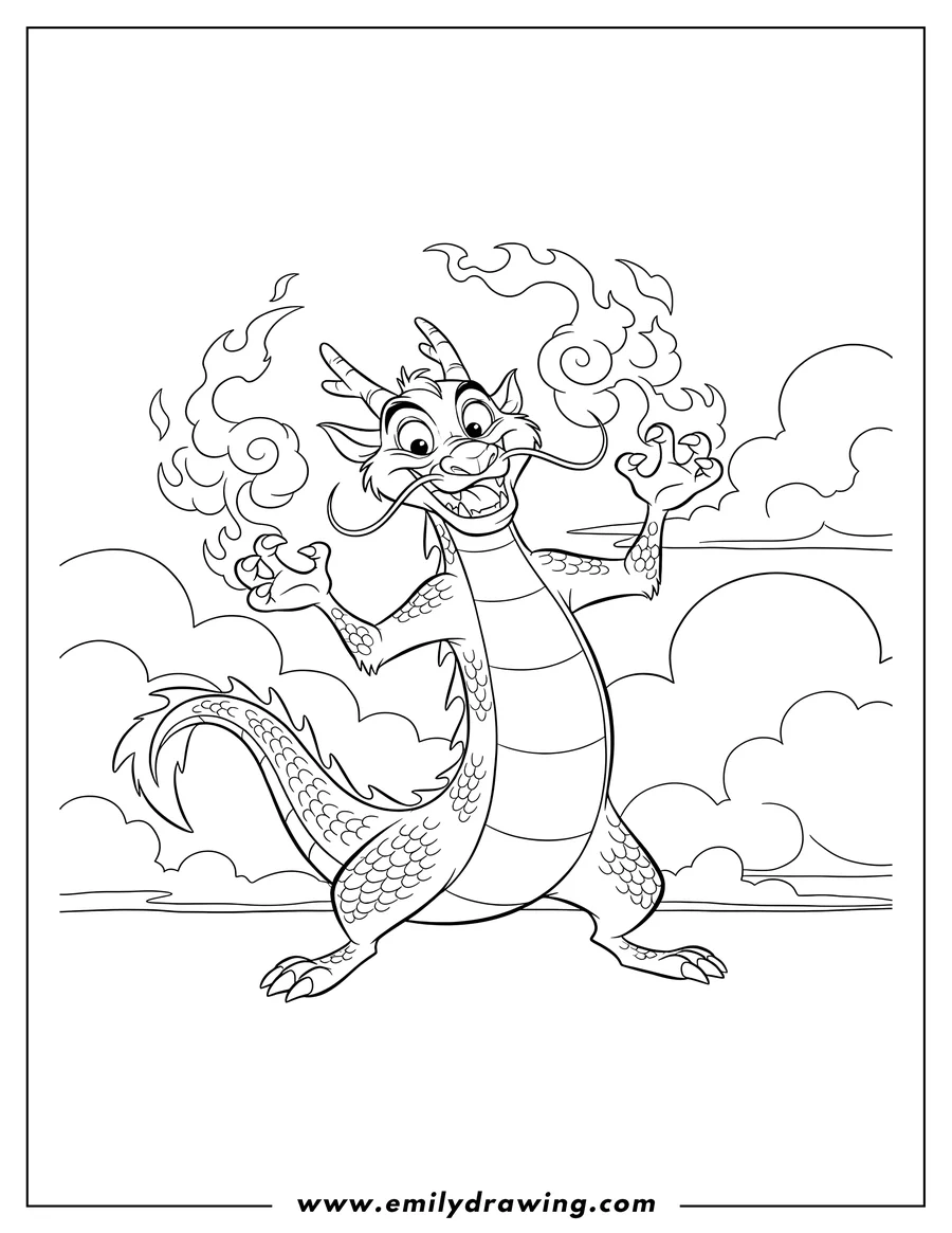 Coloring sheet featuring mushu dragon standing excitedly with a cloudy sky background