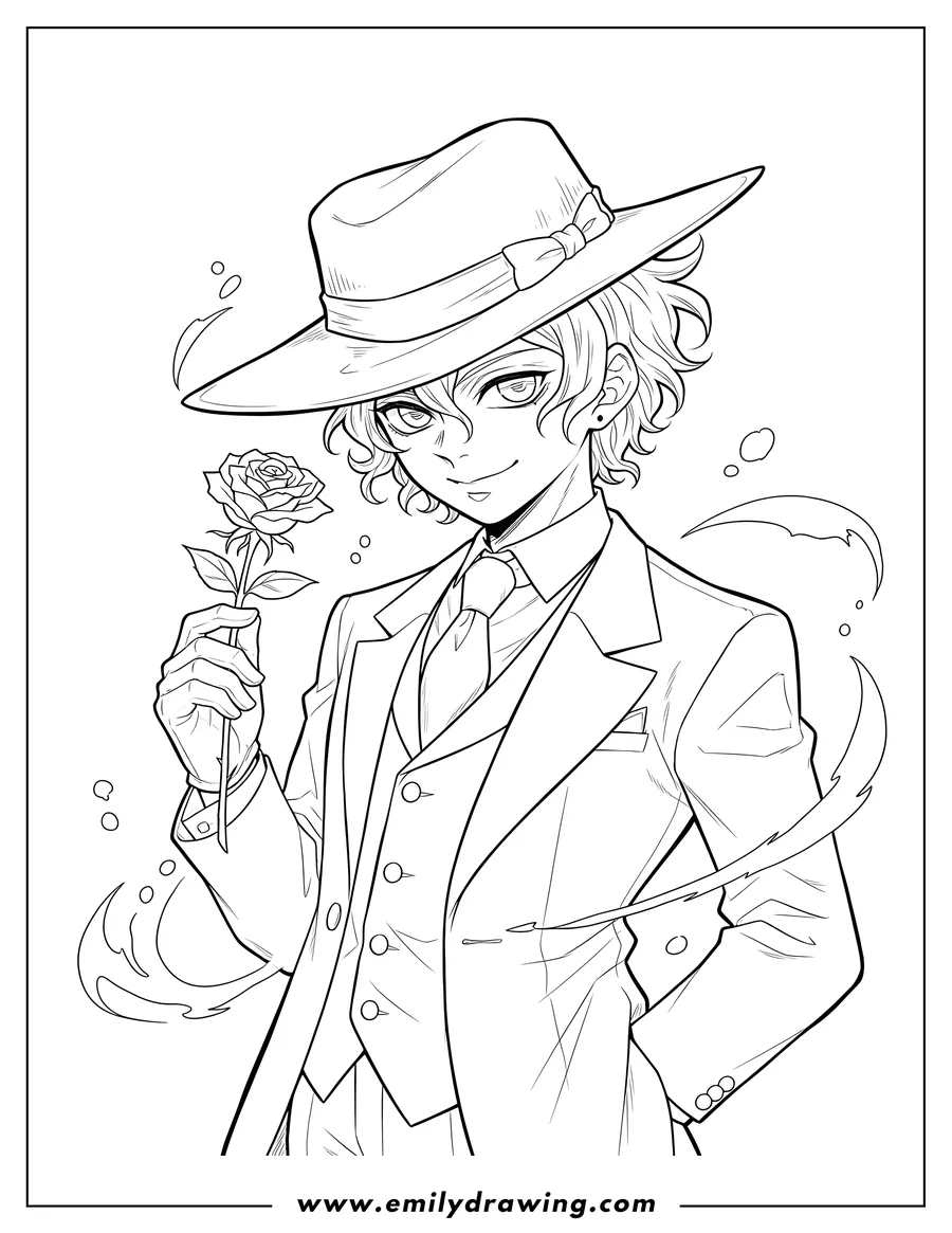 Full page coloring image of muzan Kibutsuji wearing a hat and holding a rose