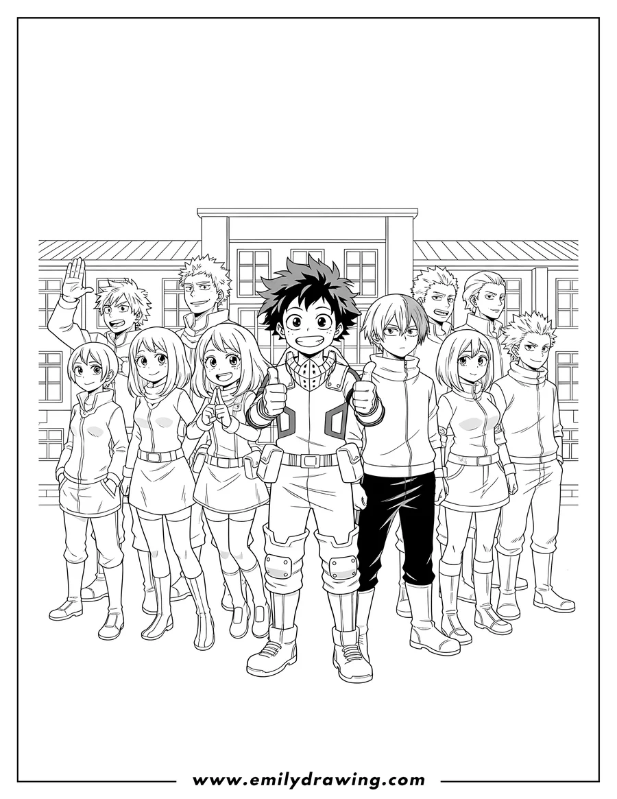 Printable coloring page of my Hero Academia Izuku Ochako And Shouto with their classmates, posing together