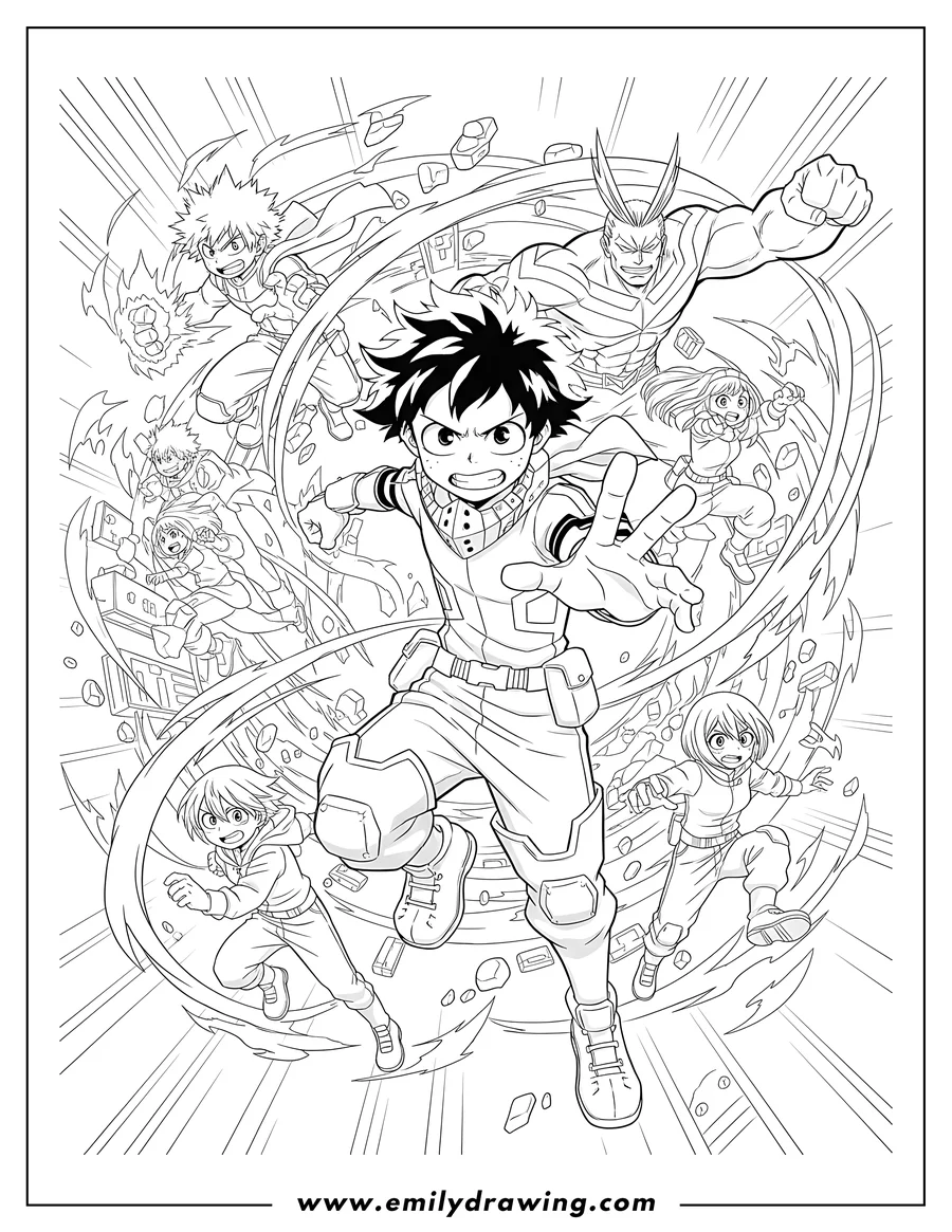 Coloring page of my Hero Academia Movie Poster with Deku and many heroes in action