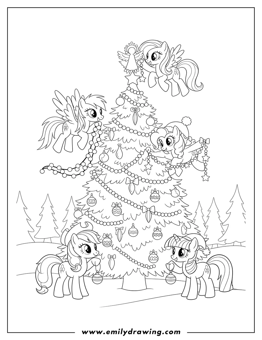 Black and white line art of my Little Pony friends flying and stringing decorations on a Christmas tree to color
