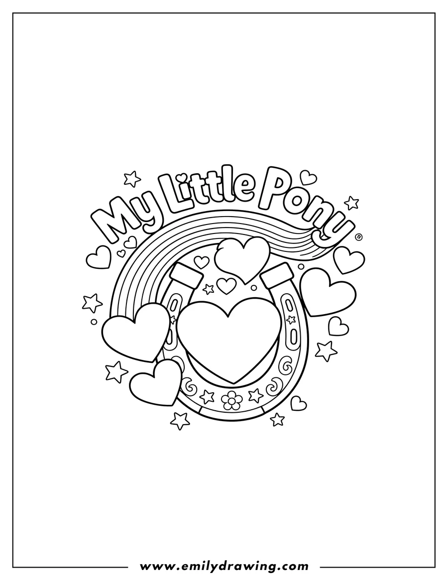 Printable line art of my Little Pony Logo with a rainbow, hearts, and horseshoe frame
