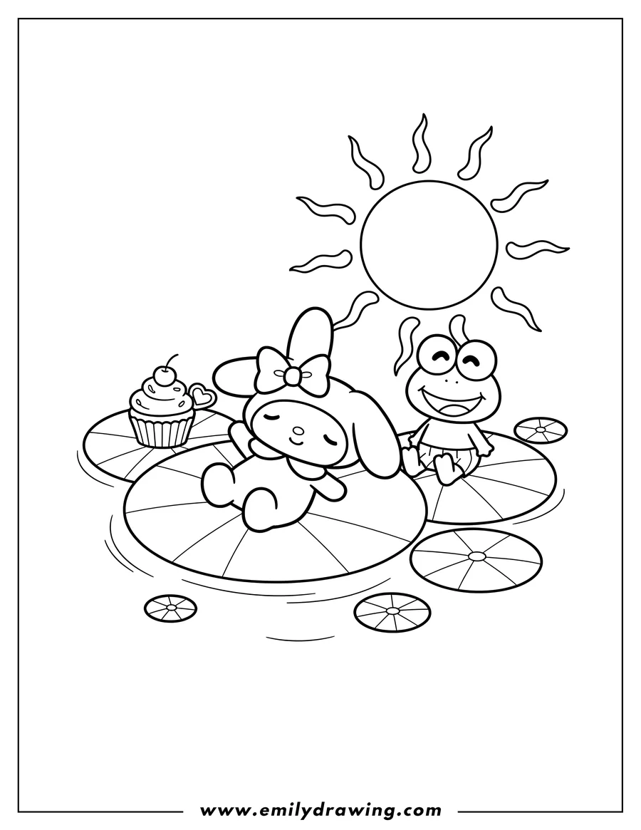 Free printable coloring sheet of my Melody lying down with a small dessert and Keroppi smiling, sunbathing on lily pads