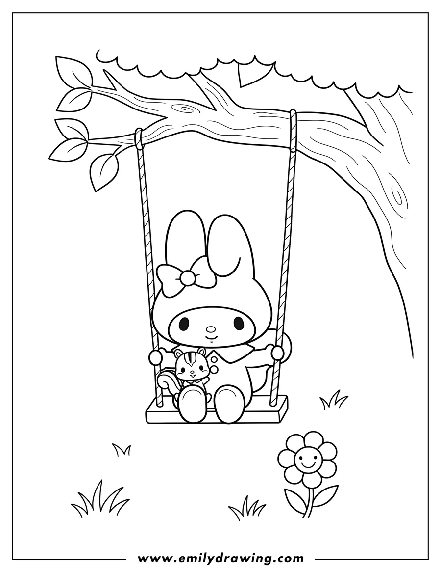 Black and white line art of my Melody and Risu on a tree swing