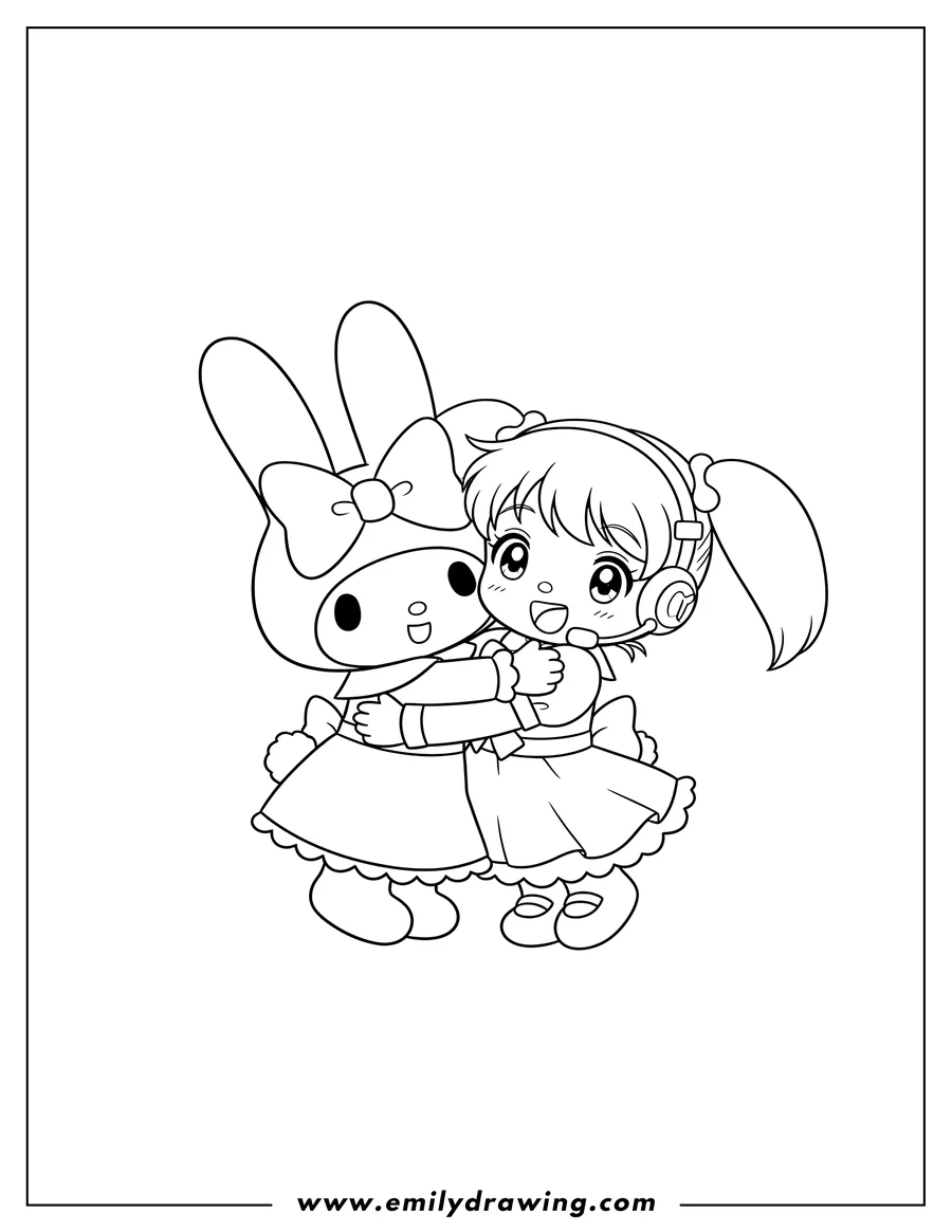 High quality printable my Melody being hugged by a happily smiling Uta Yumeno for coloring