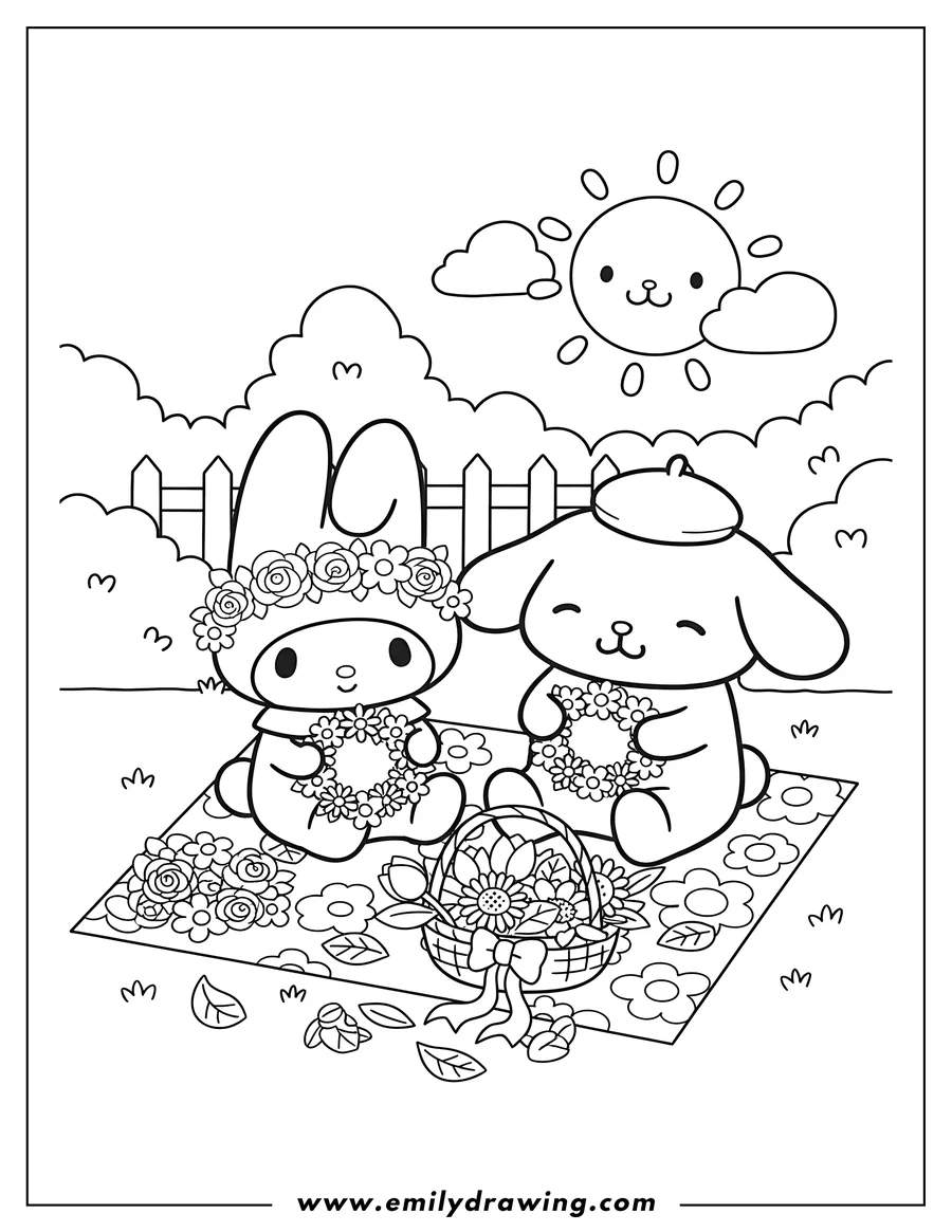Vector style outline of my Melody Making Flower Wreaths With Pompompurin, sitting, Pompompurin in his beret, My Melody wearing a flower garland