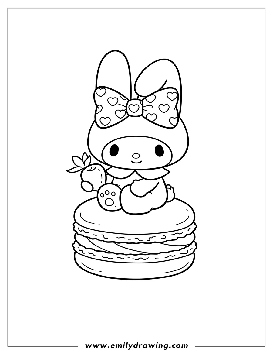Coloring page for kids: my Melody wearing a heart bow, sitting on a macaron and holding a berry