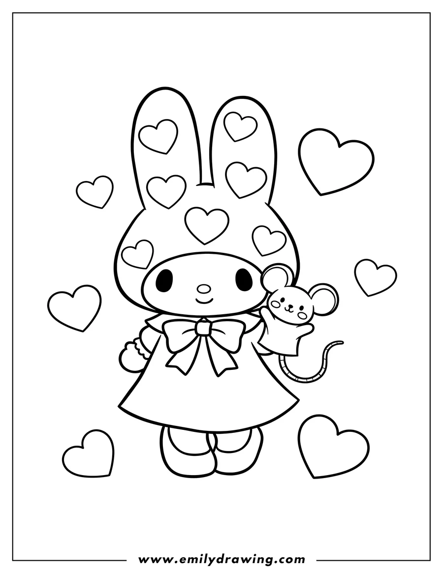 Printable coloring page of my Melody with hearts on her hood, happily holding a mouse puppet