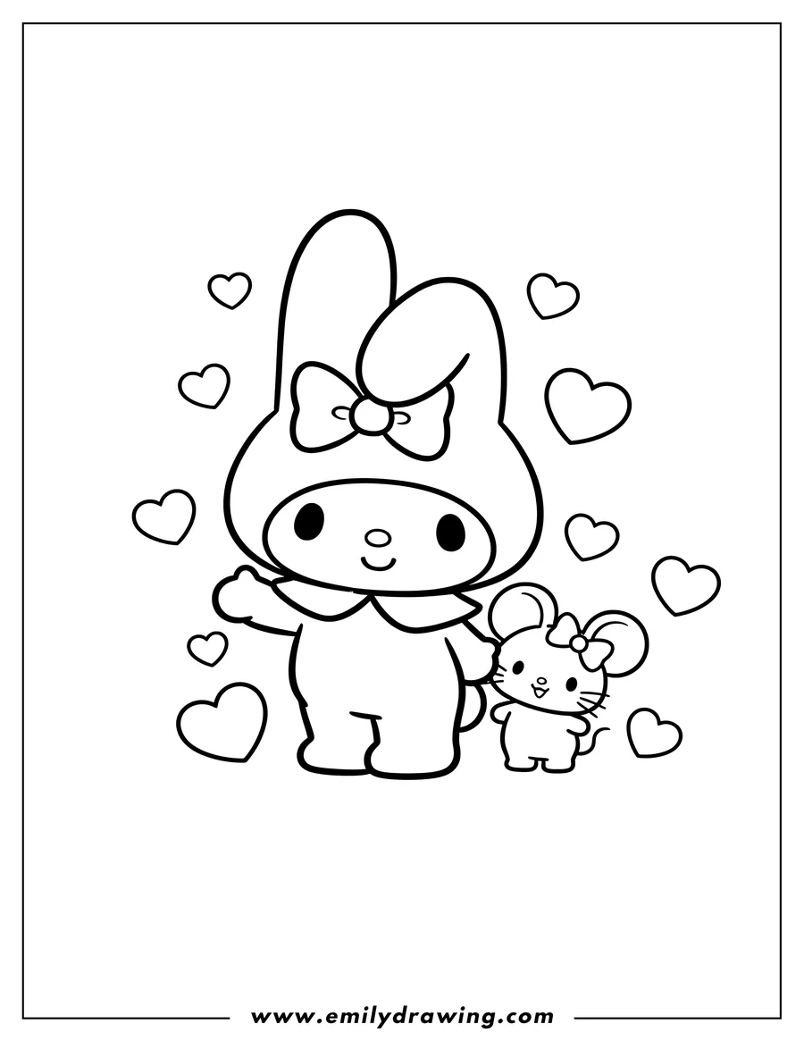 Simple sketch of my Melody and her best friend Flat the mouse, with hearts to color