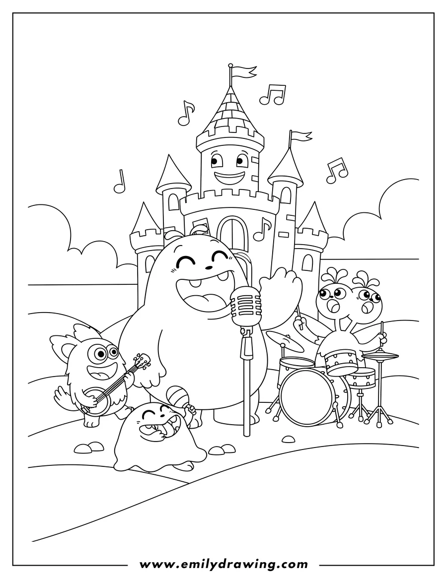 Black and white line art of my Singing Monsters Video Game, a group of monsters playing musical instruments and singing