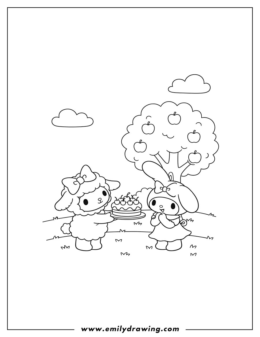 Full page coloring image of my Sweet Piano offering a cherry cake to My Melody
