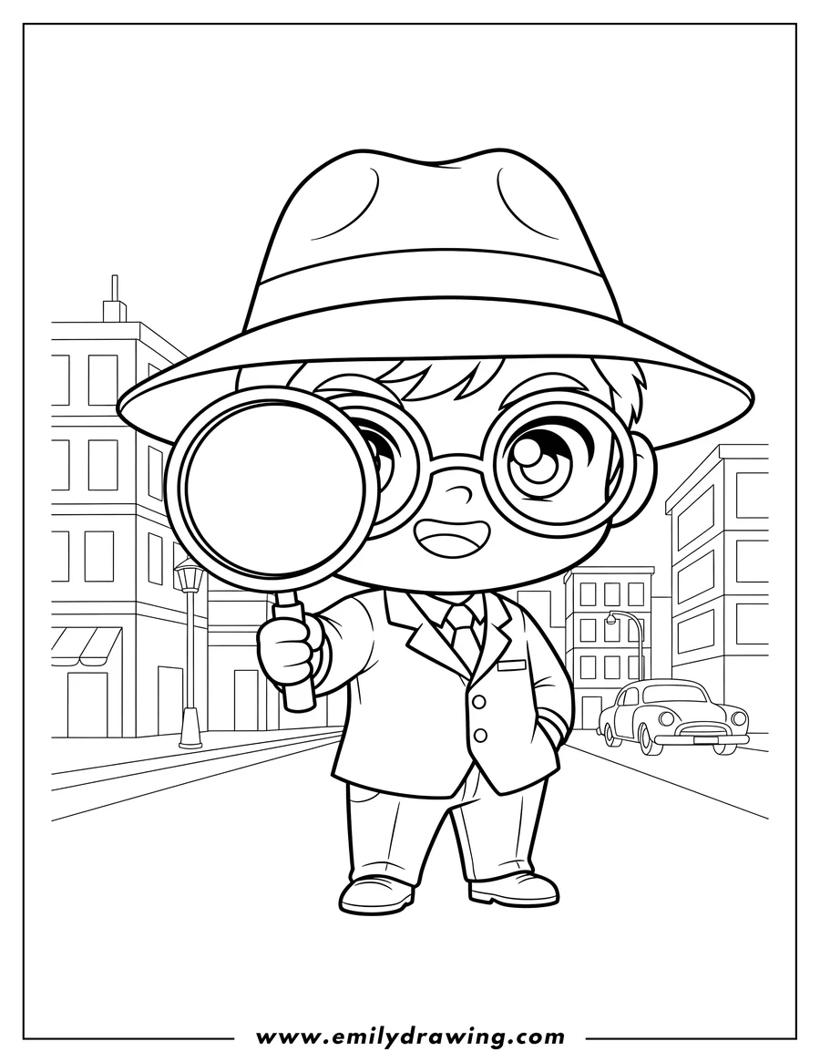 Free printable coloring sheet of mysterious chibi detective wearing a hat, glasses, and a suit, holding a magnifying glass in a city street