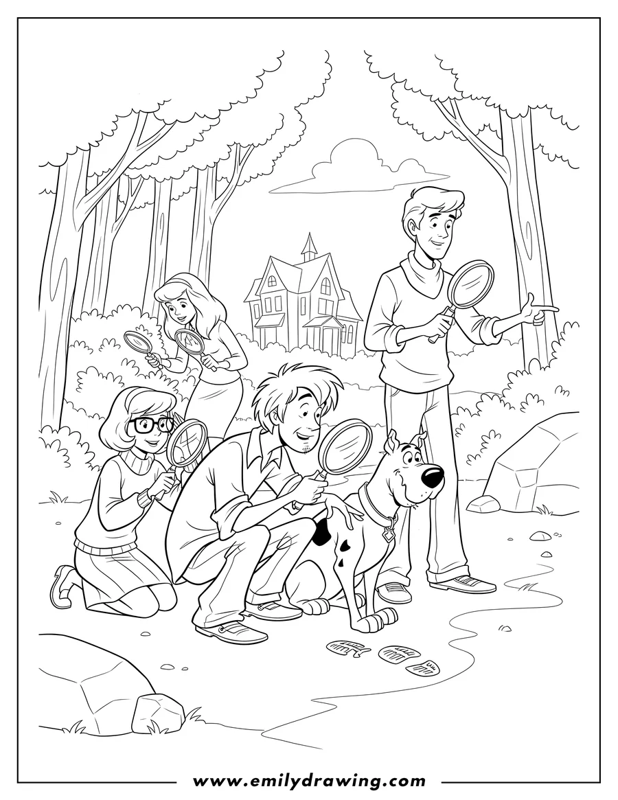 Coloring page of mystery Inc Characters searching for clues with magnifying glasses