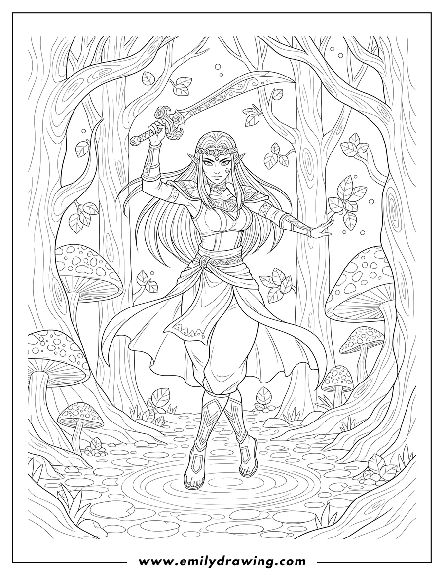 Coloring sheet featuring mystical Gerudo Forest, fierce warrior dancing with a sword