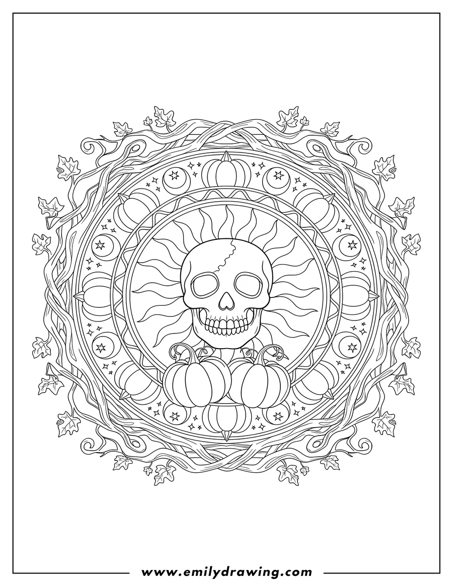 Doodle style coloring picture of mystical Mandala Design With a central skull radiating sun rays, pumpkins, crescent moons, and framed by tree branches, Halloween