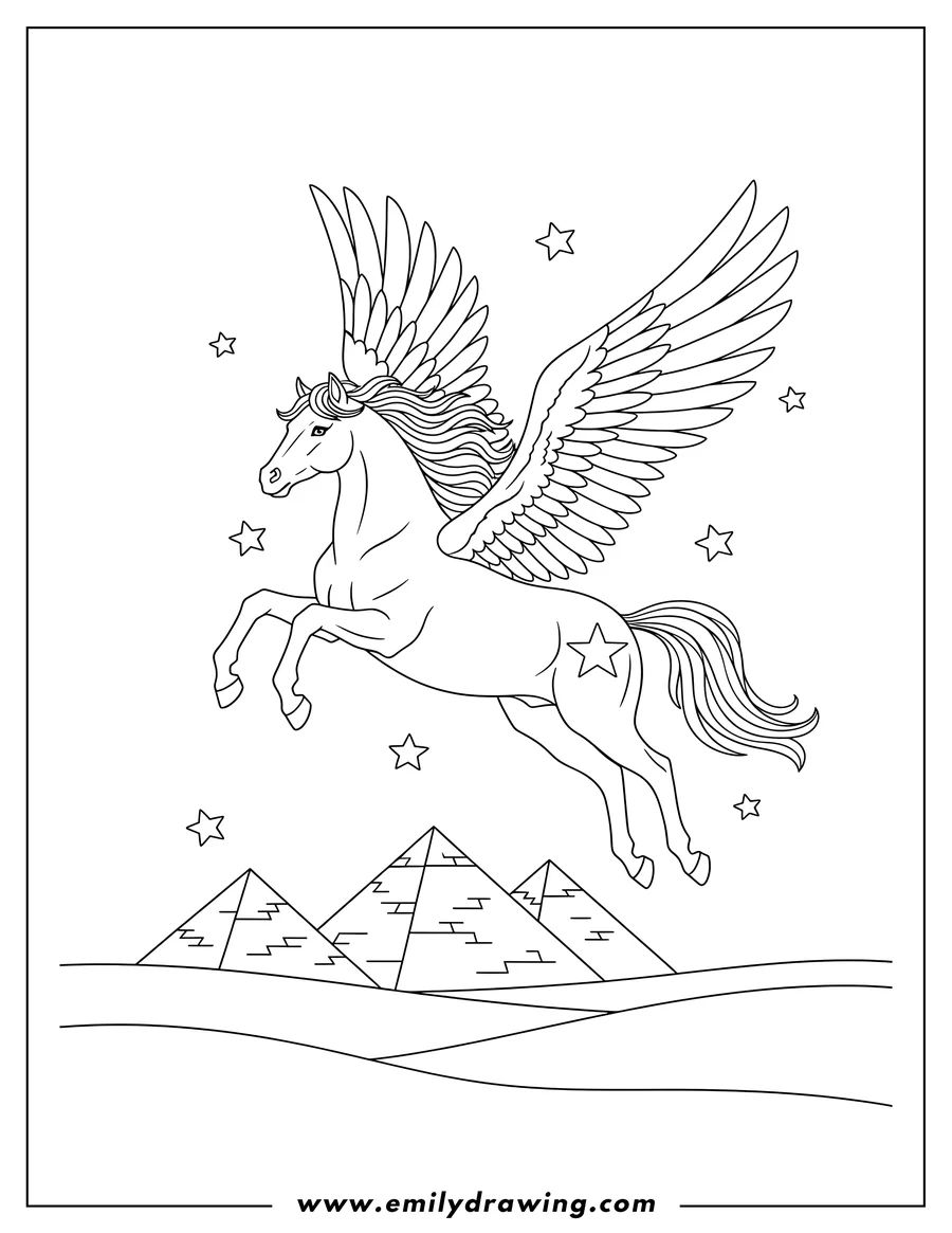 High quality printable mythical Pegasus with star mark, wings spread wide, soaring above pyramids for coloring