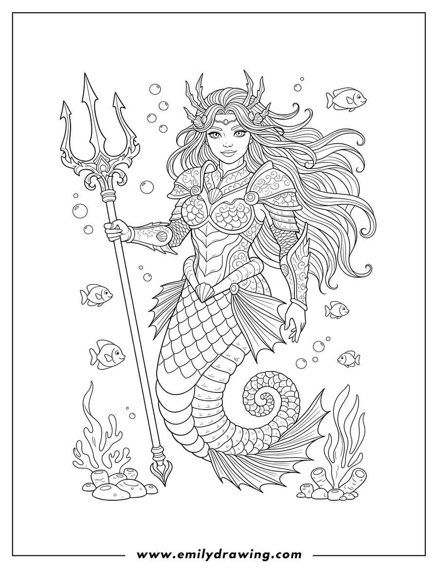 High quality printable mythical Seahorse Mermaid wearing armor and holding a trident for coloring
