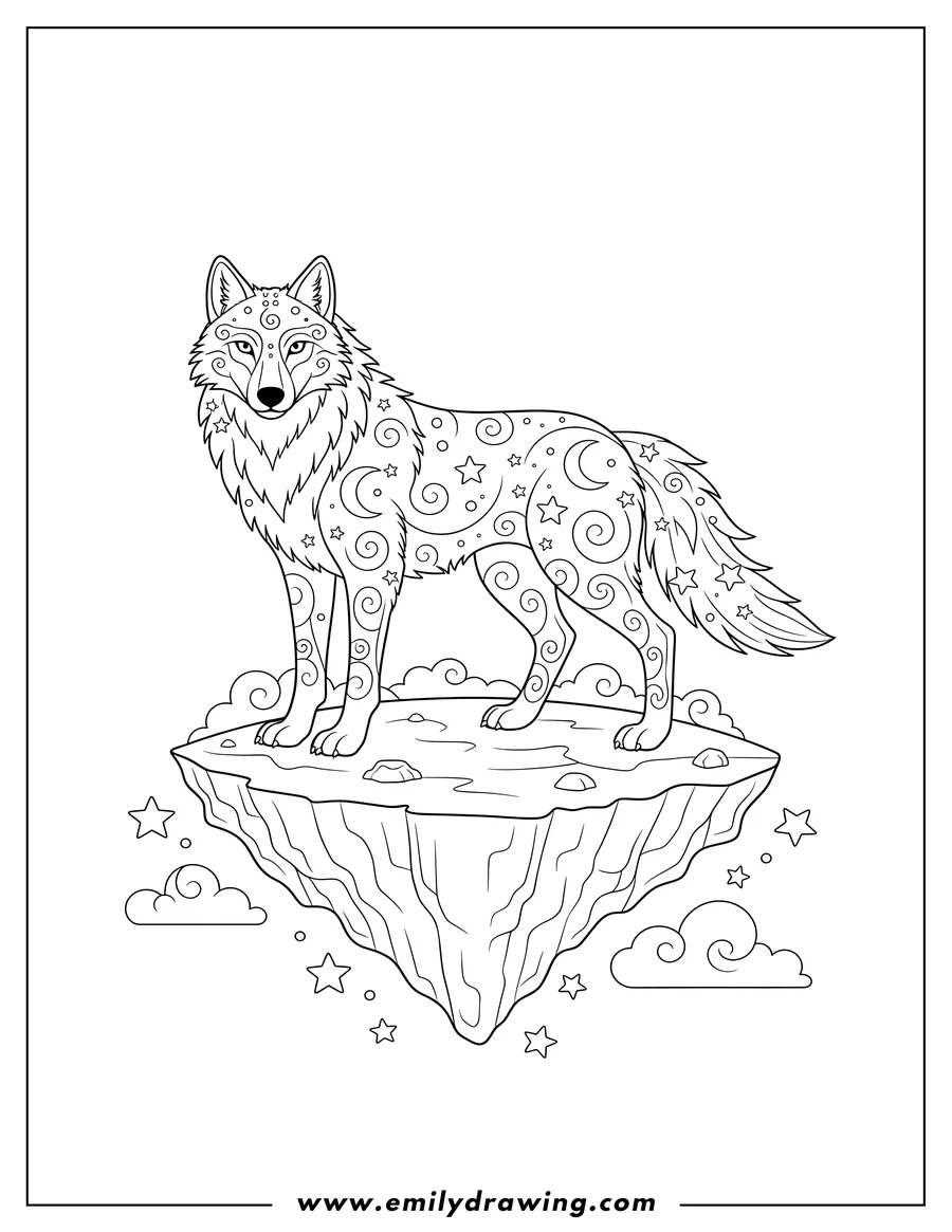 Black and white line art of mythical wolf with a starry coat standing on a floating sky island