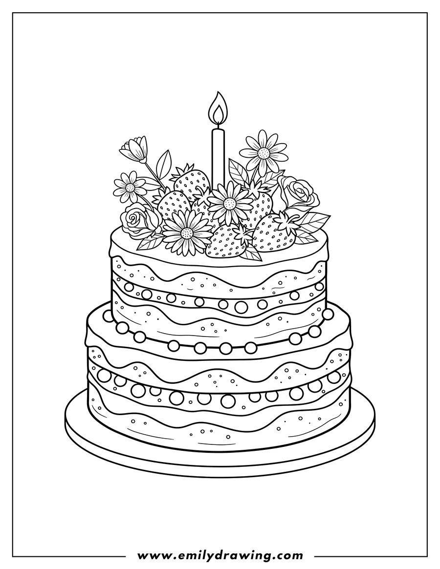 Free printable coloring sheet of naked Cake with Strawberry, Flower, and Candle Toppers