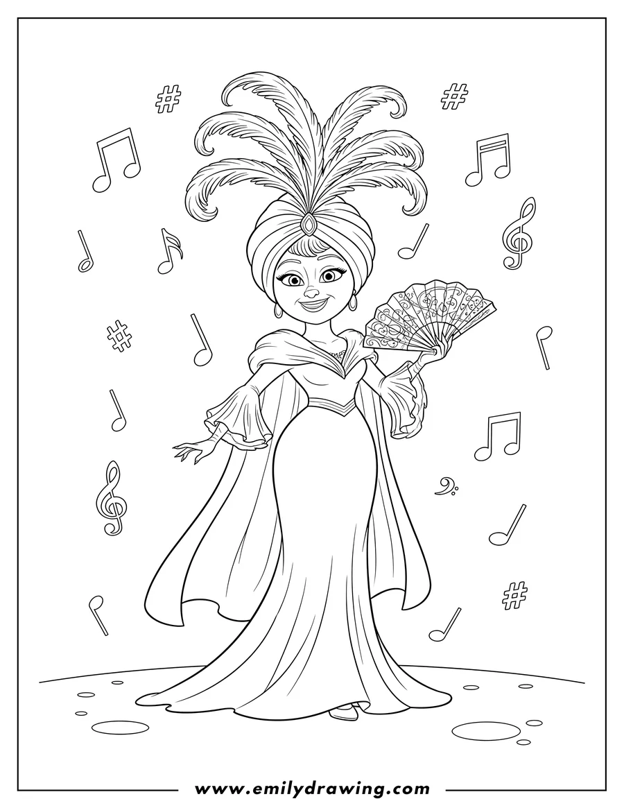 High quality printable nana Noodleman in a diva outfit, wearing a turban with feathers, holding a fan, on stage with musical notes for coloring