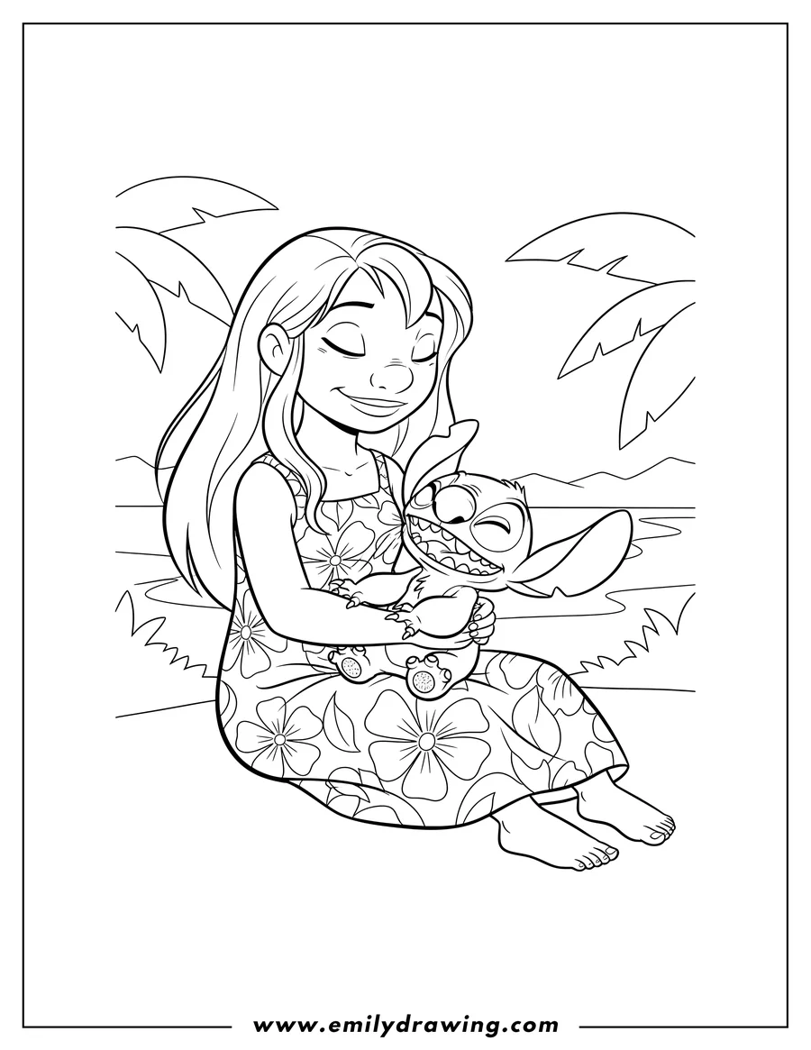 Full page coloring image of nani smiling while cuddling Stitch, who is laughing in her lap