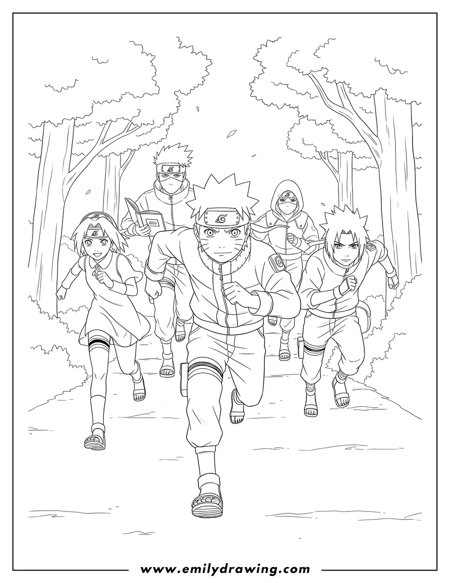 High quality printable naruto, Sakura, Sasuke, Kakashi, and another ninja running forward, Kakashi holding a book for coloring