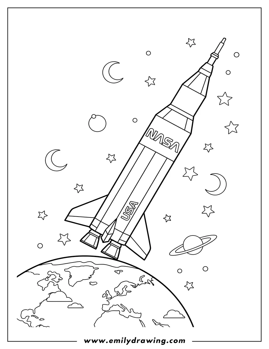 High quality printable nasa Saturn V Rocket Space To Color Scaled, launching over Earth for coloring