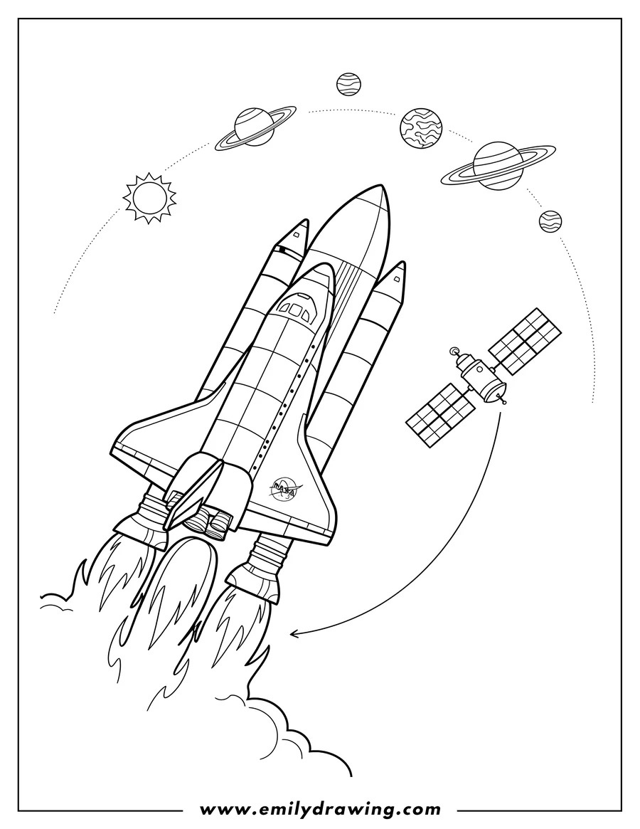 Full page coloring image of nasa space shuttle launching into the Solar System with a satellite