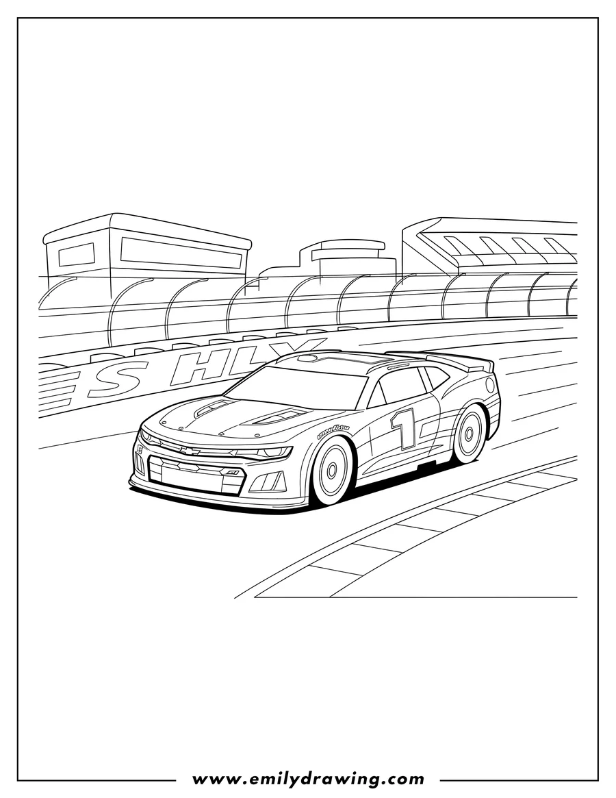 Simple sketch of nascar Race Car Scaled Chevy Camaro ZL1 racing on a track to color