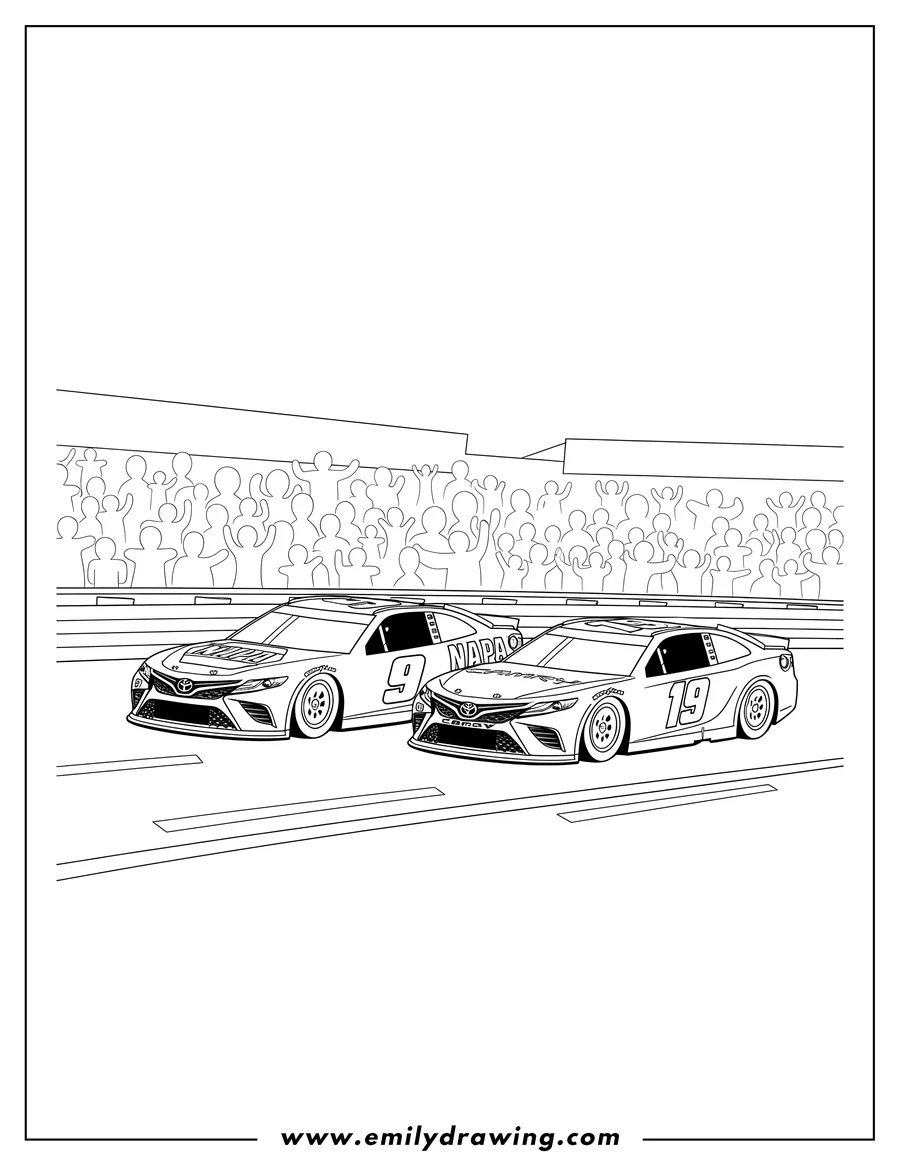 High quality printable nascar NAPA and CAMRY Race Cars racing side-by-side on track with crowd background for coloring