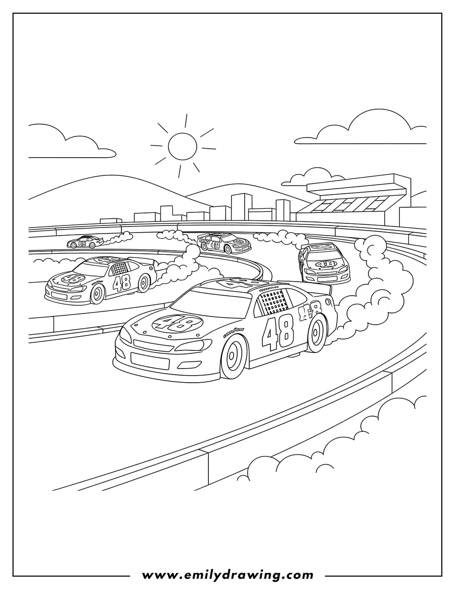 Free printable coloring sheet of nascar Racing Cars speeding on a track, with car 48