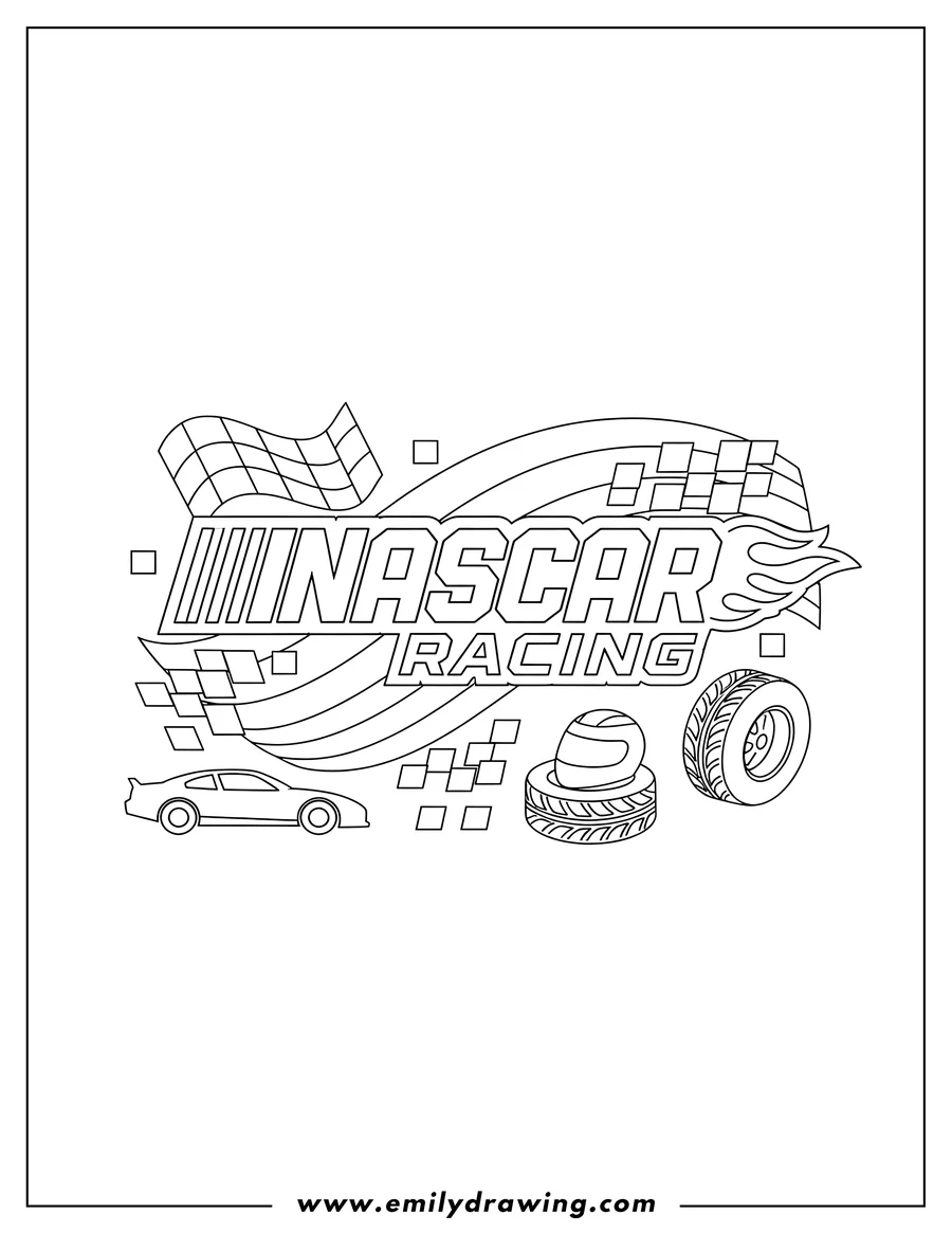 Coloring page of NASCAR Racing logo with iconic stripes and checkered flag details