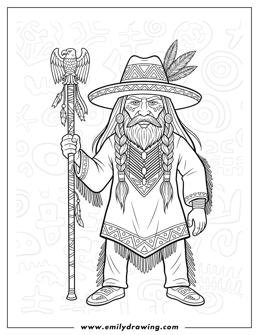 Coloring page of native American Graffiti of a man in a hat, with long hair and a beard, holding a staff
