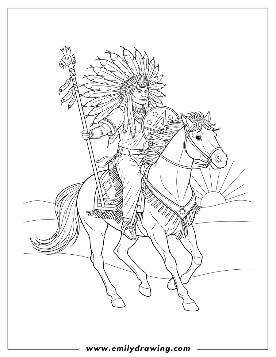 Linear illustration of native American in feathered headdress, holding a shield and staff, riding a horse