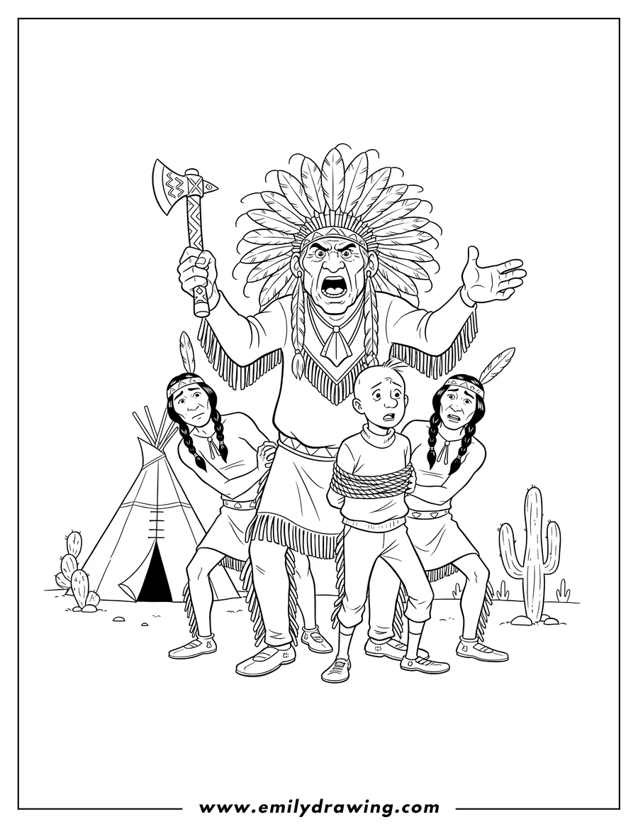 Outline drawing of native Americans holding Tintin tied up, with a chief in a headdress shouting and holding a tomahawk