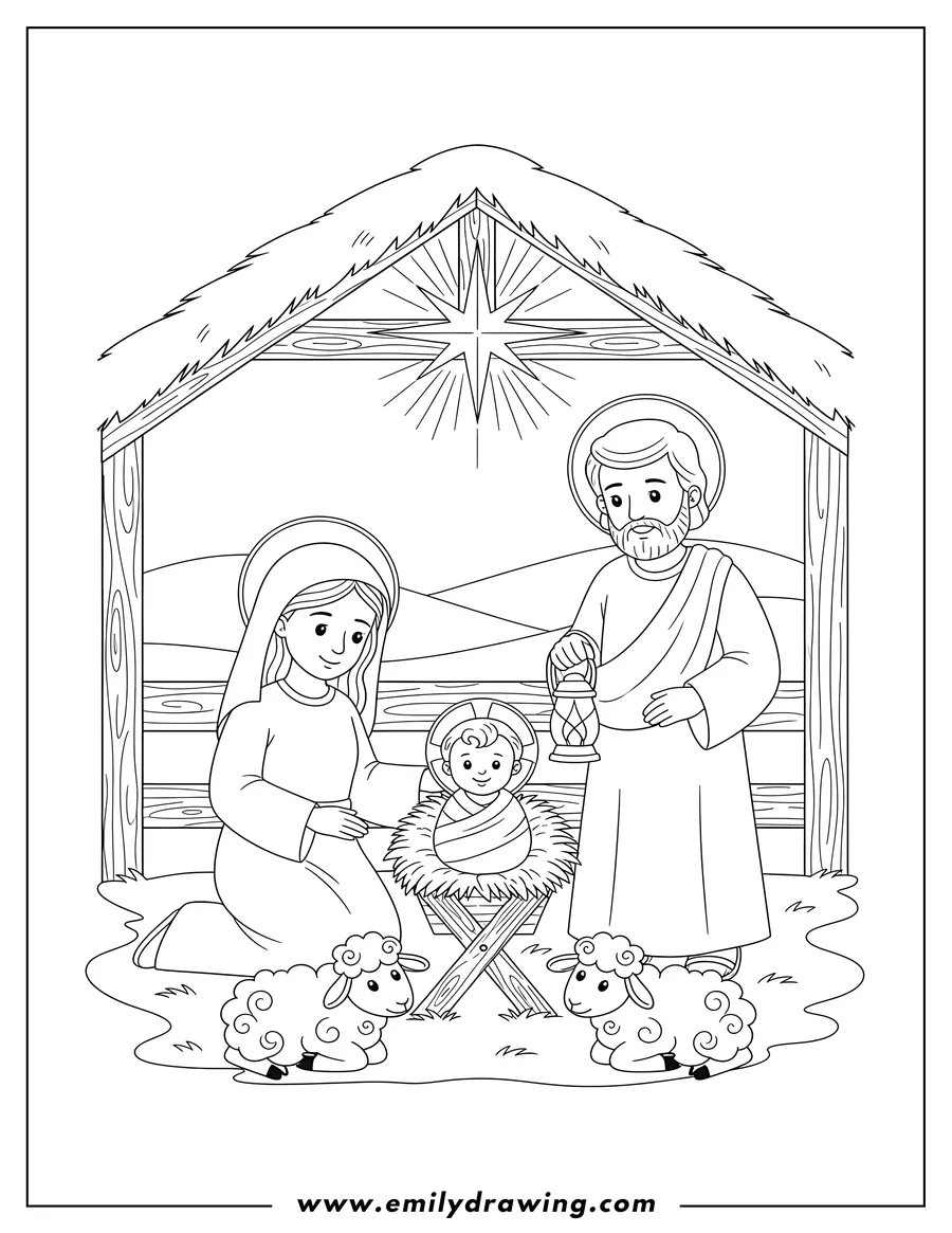 High quality printable nativity scene with baby Jesus, Mary, Joseph holding a lantern, a stable with a shining star, and sheep to color for coloring