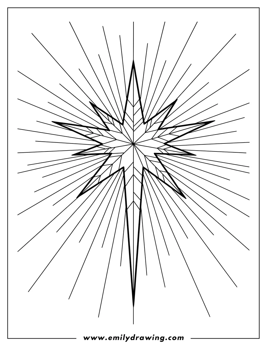 Black and white line art of nativity Star with a long downward point and radiating lines