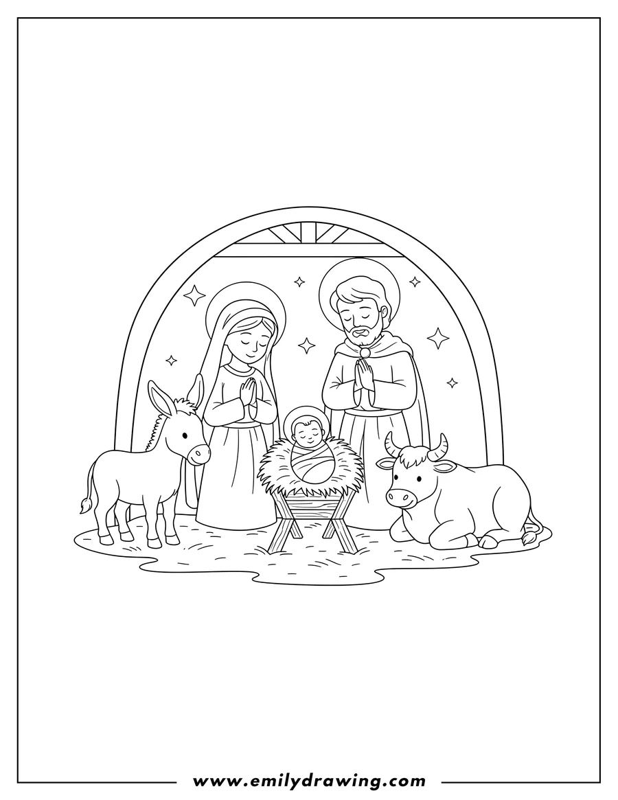 Downloadable coloring page of nativity with baby Jesus in a manger, Mary and Joseph praying, a donkey, and a bull