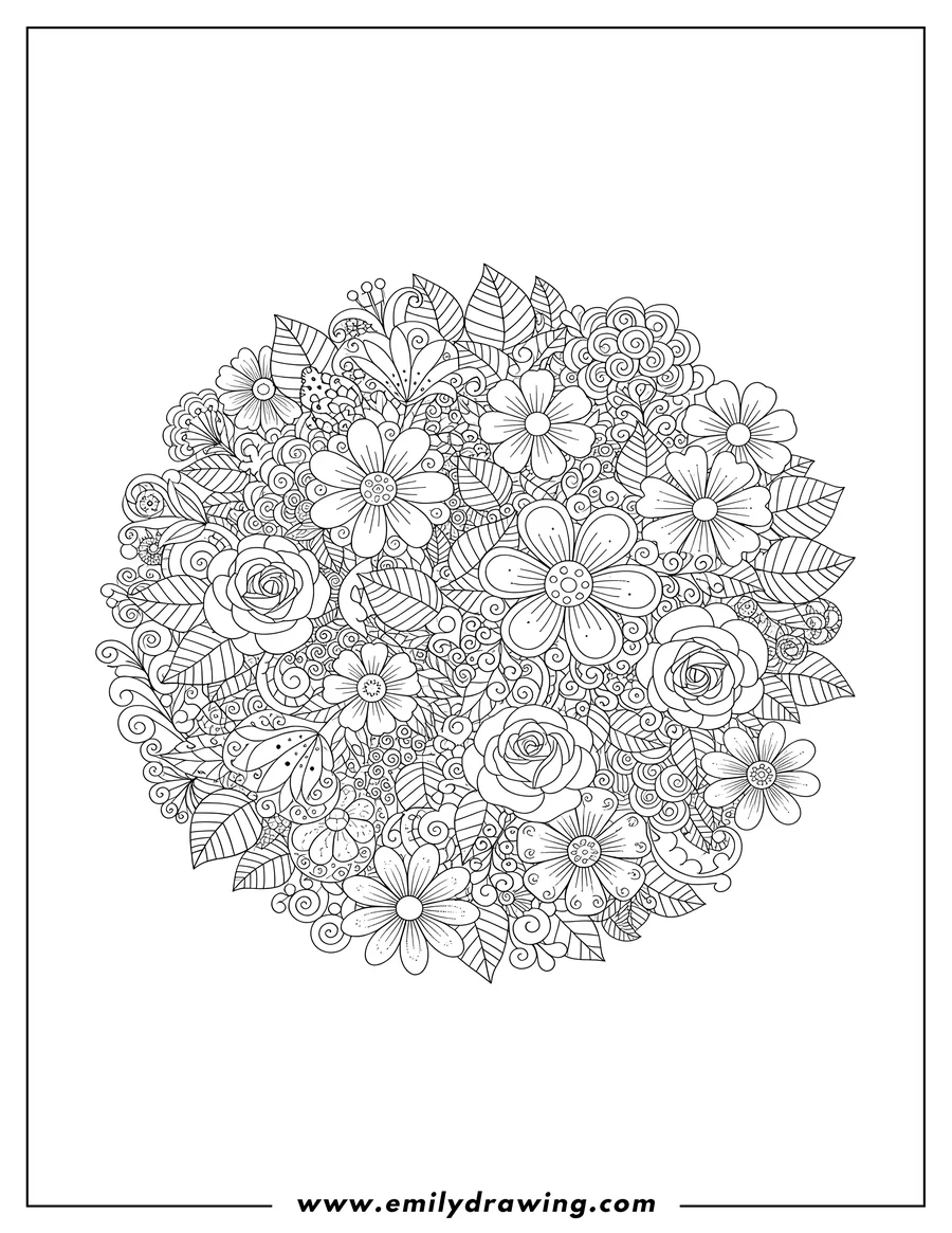 Coloring page of nature Zentangle with Lots of Intertwined Flowers and Leaves