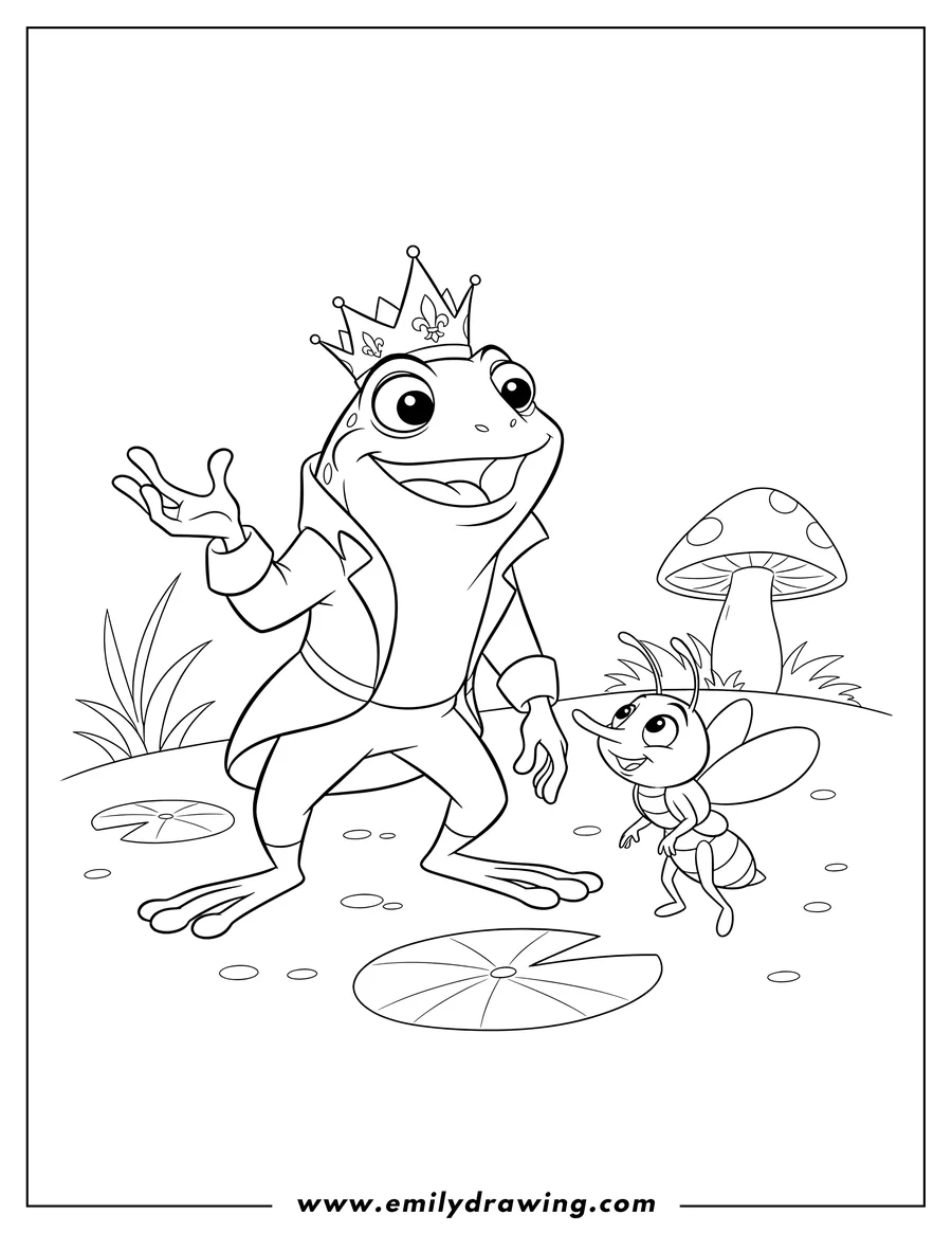 Vector style outline of frog Prince Naveen smiling and gesturing, talking to Ray Firefly looking up in awe