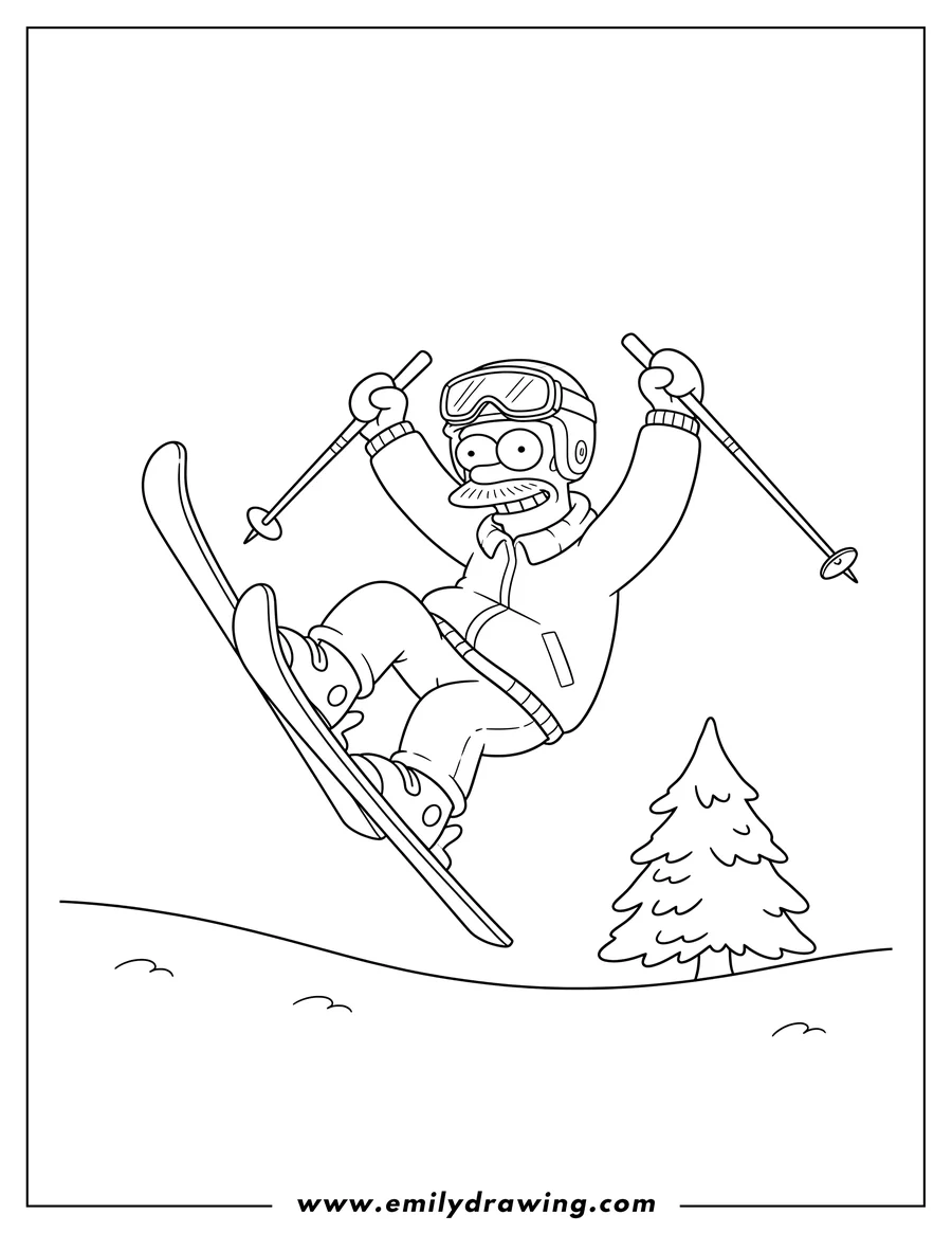 Downloadable coloring page of skiing Flanders Funny Pose, wearing a helmet and holding ski poles