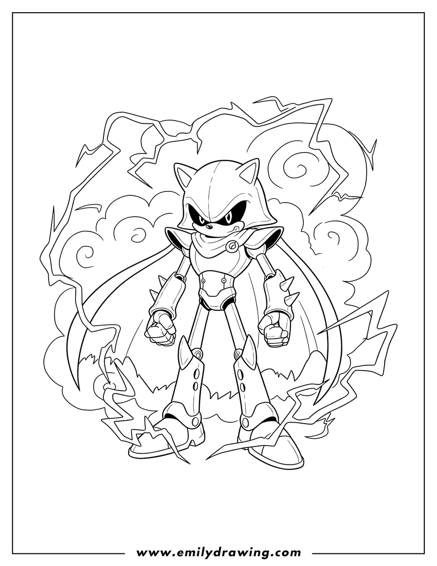 Doodle style coloring picture of neo Metal Sonic in a cape, standing with clenched fists, surrounded by lightning